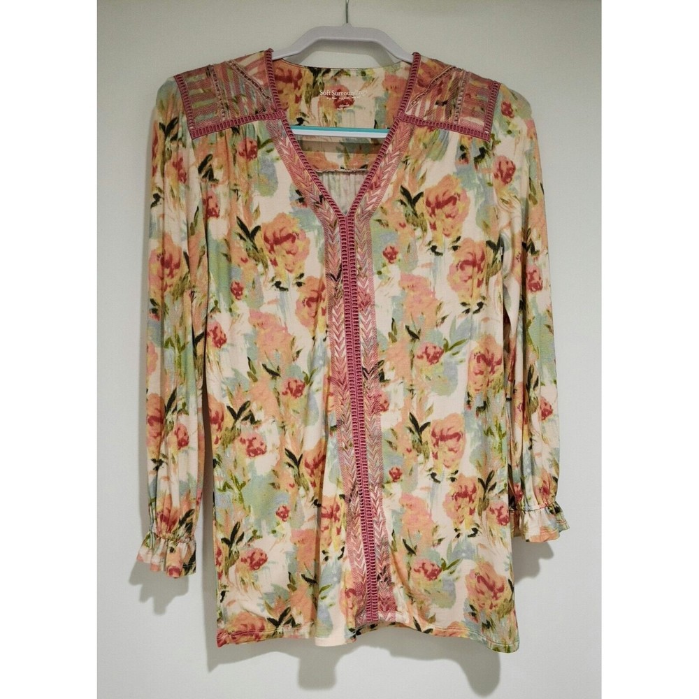 Soft Surroundings Womens V-Neck Long Sleeve Pullover Top Pink Green Floral Sz XS - Picture 2 of 8